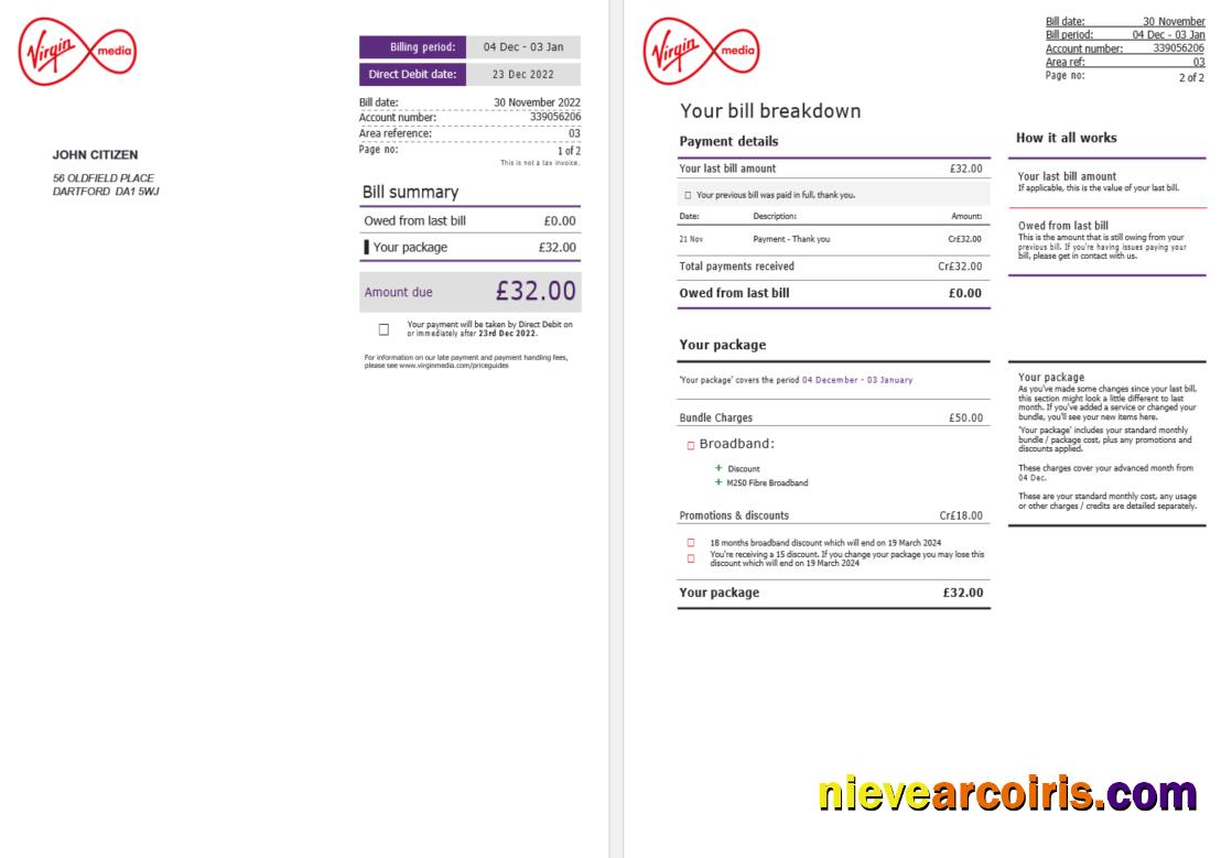 United Kingdom Virgi Media invoice, 2 pages